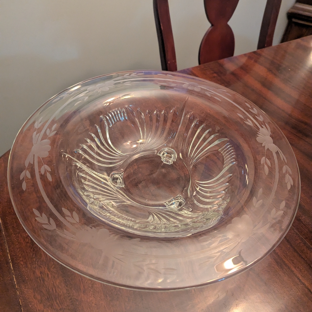 Clear Glass Footed Bowl Vintage Paden City Maya Floral Wheel Cut